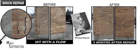 a before and after photo of a brick wall being repaired with a plow .