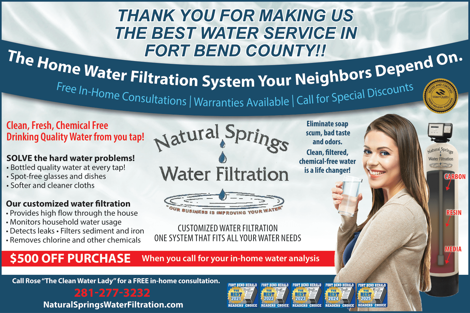 Natural Springs Water Filtration ad with smiling woman, blue background, and “$500 off purchase” banner