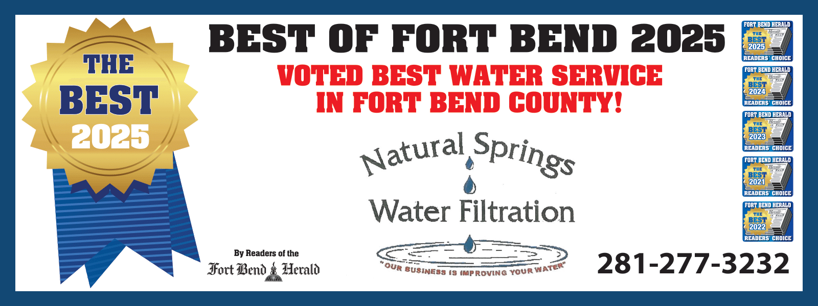 Best of Fort Bend 2025 vote banner for natural springs and water filtration, blue and gold with phone number
