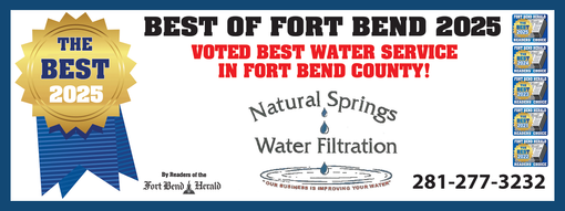 Best of Fort Bend 2025 vote banner for natural springs and water filtration, blue and gold with phone number