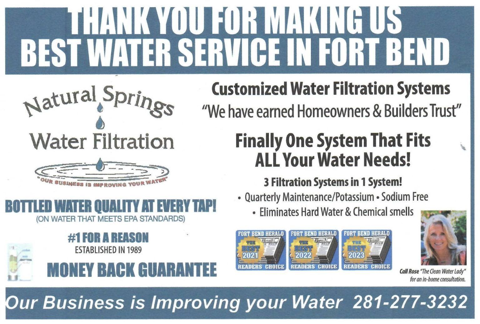 Water filtration ad with blue-and-white text, spring water imagery, and contact number for service in Fort Myers