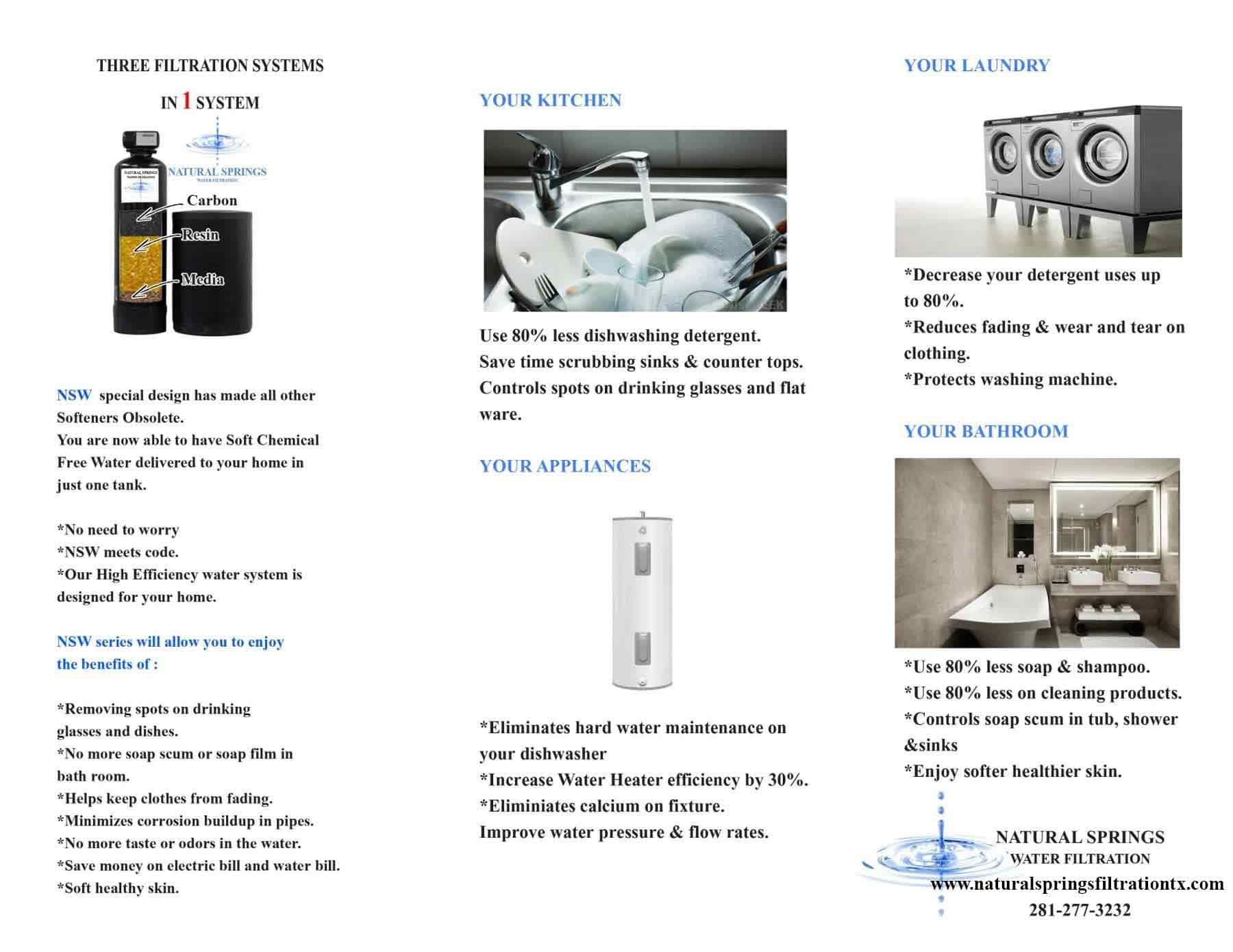 Brochure page with small product photos and text about home products, including dispenser and room images