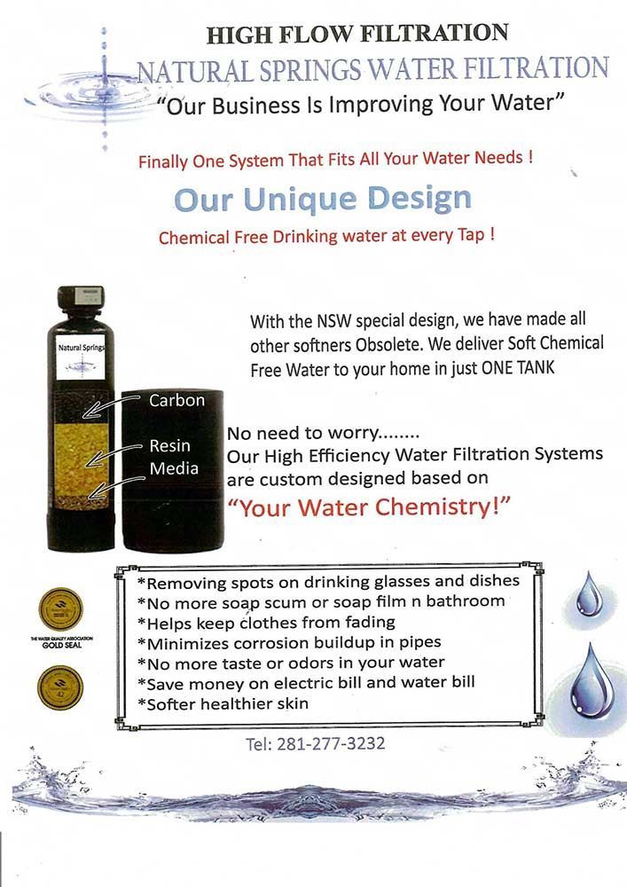 Advertisement for Natural Spring Water Filtration with a water bottle, blue text, and chemistry-themed design.