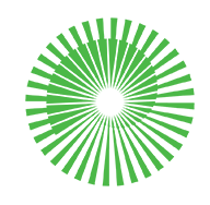 A green and white circle with rays coming out of it on a white background.