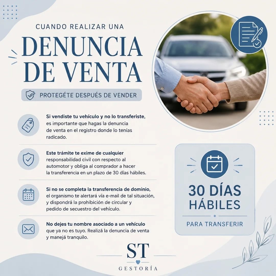 Cartel en español sobre denuncia de venta de vehículo, con apretón de manos y plazo de 30 días hábiles.