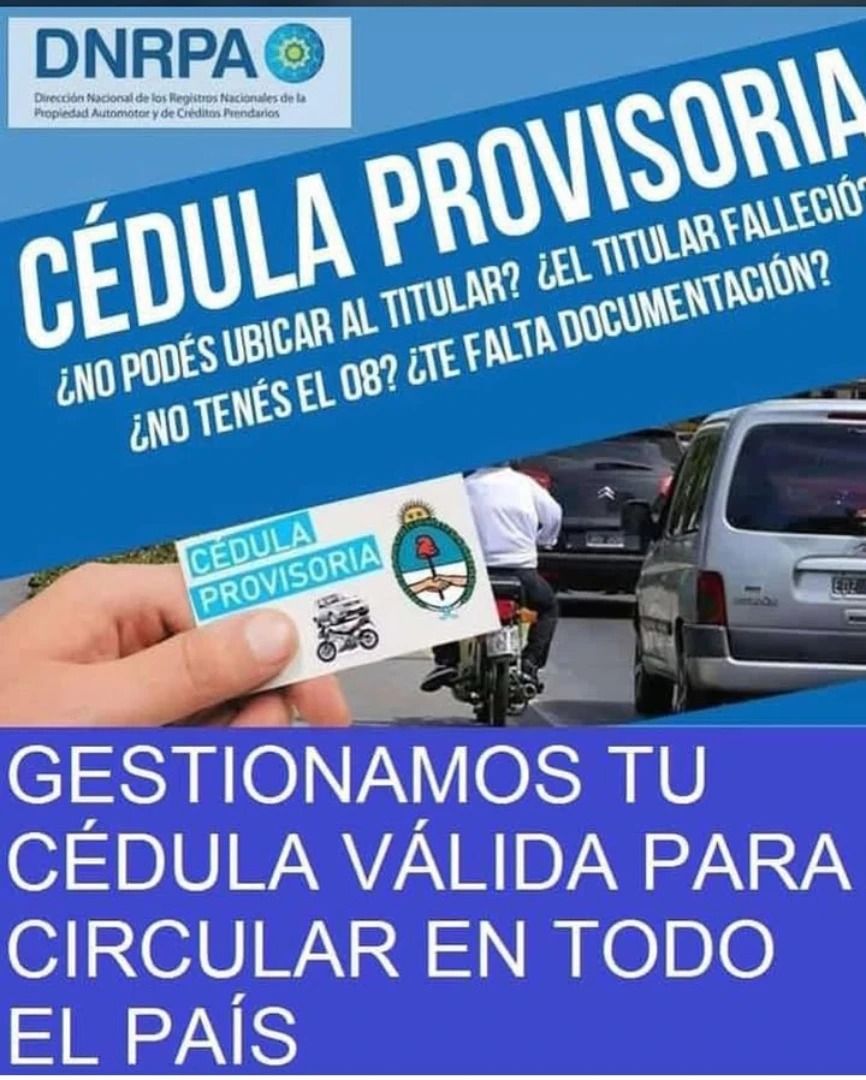 Cartel azul de DNRA sobre cédula provisoria y válida para circular, con un auto y manos sosteniendo el documento.