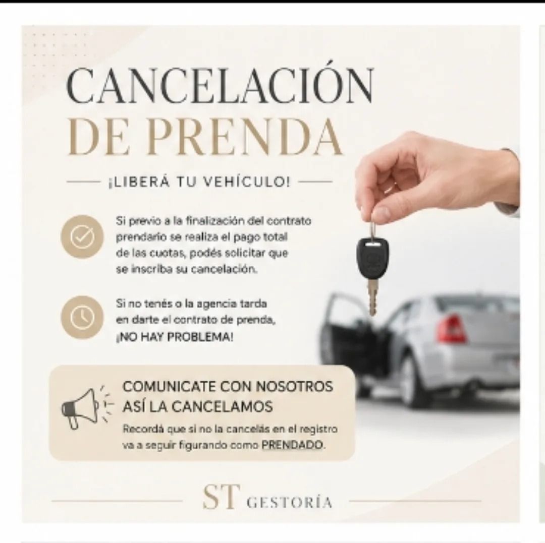 Cartel beige sobre cancelación de prenda con llaves de auto, texto en español y auto borroso al fondo.