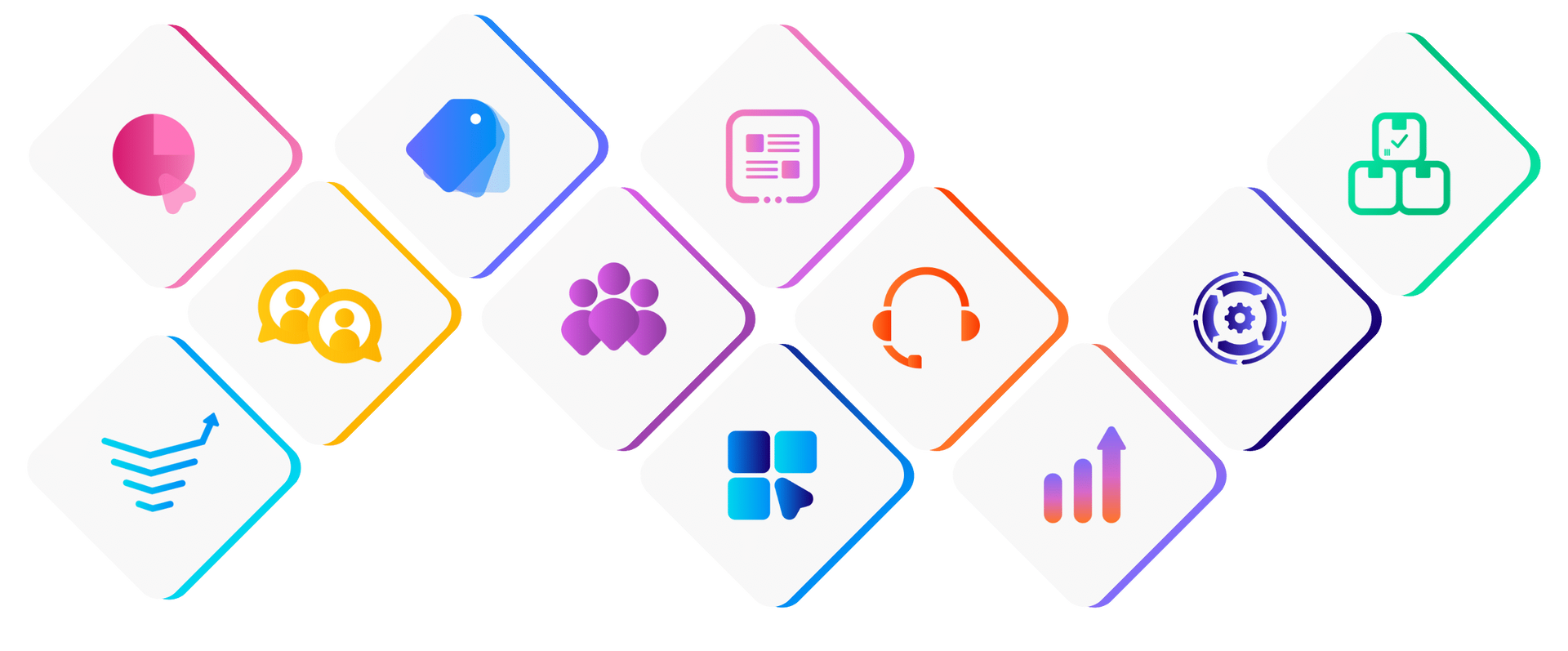 Colorful diamond-shaped icons representing various business concepts.