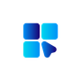 Blue and turquoise gradient logo with four squares and a cursor icon.