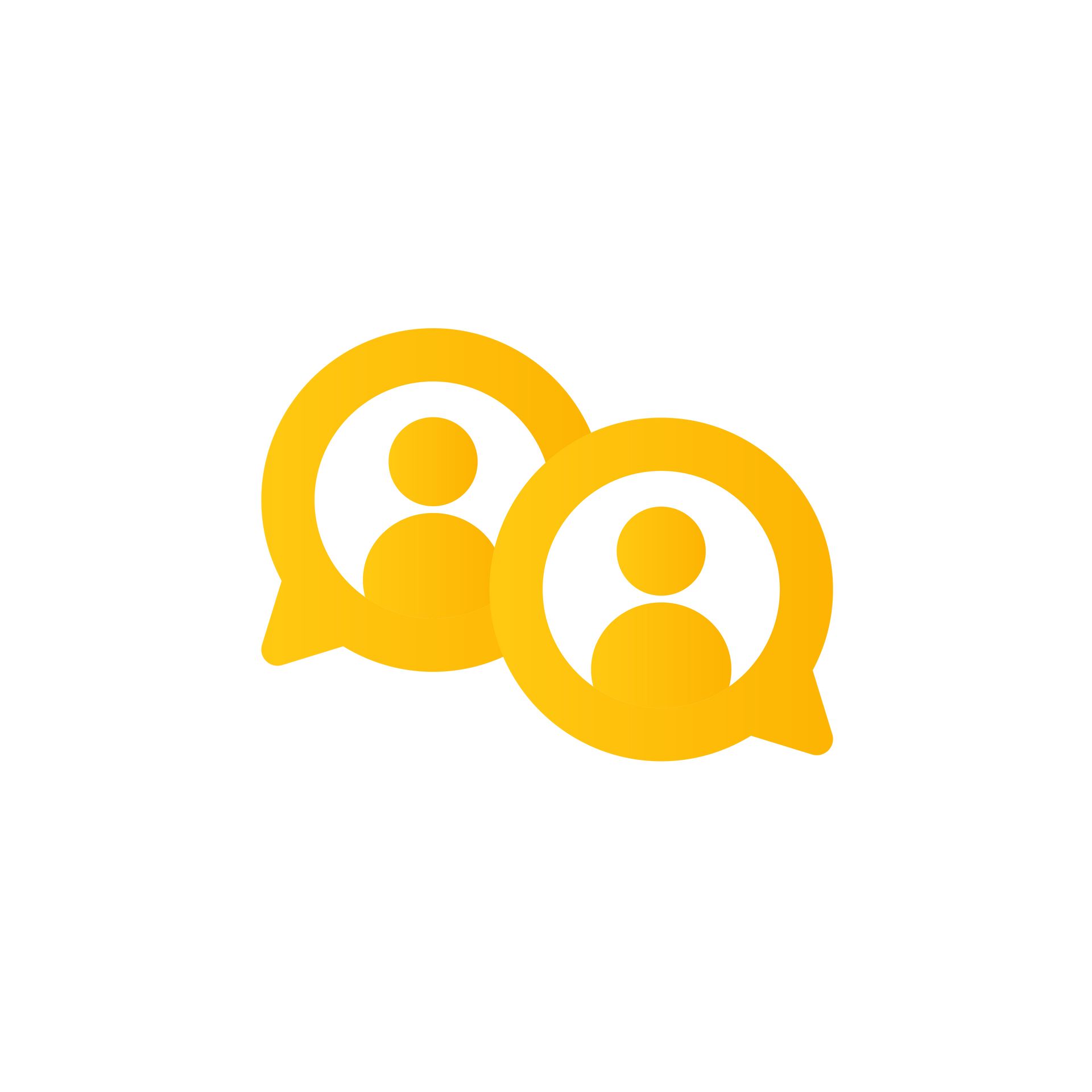 Two overlapping yellow speech bubbles with silhouettes of people inside.