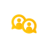 Two overlapping yellow speech bubbles with silhouettes of people inside.