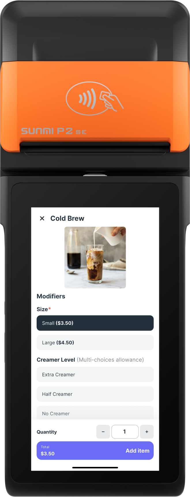 Tablet displaying point-of-sale interface with food and drink options.