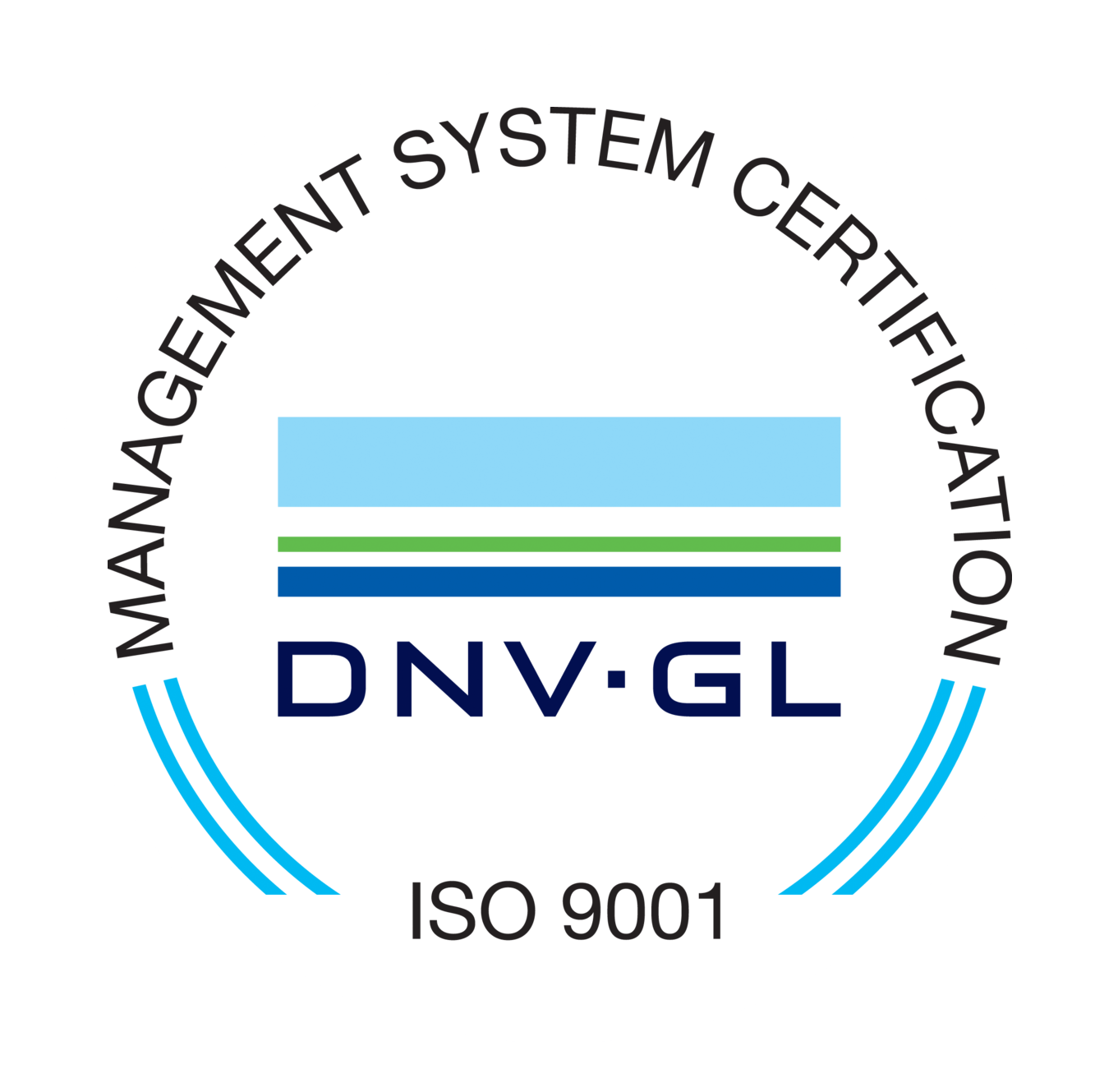 DNV-GL ISO 9001 Management System Certification seal. Light blue and green rectangular design with text.
