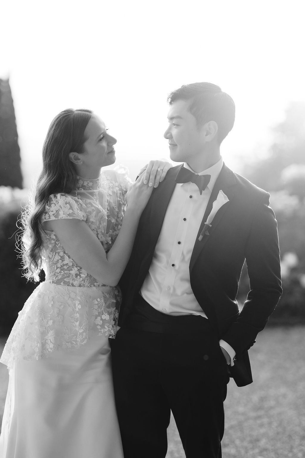 Elegant wedding couple portrait in Italy, black and white luxury destination wedding photography