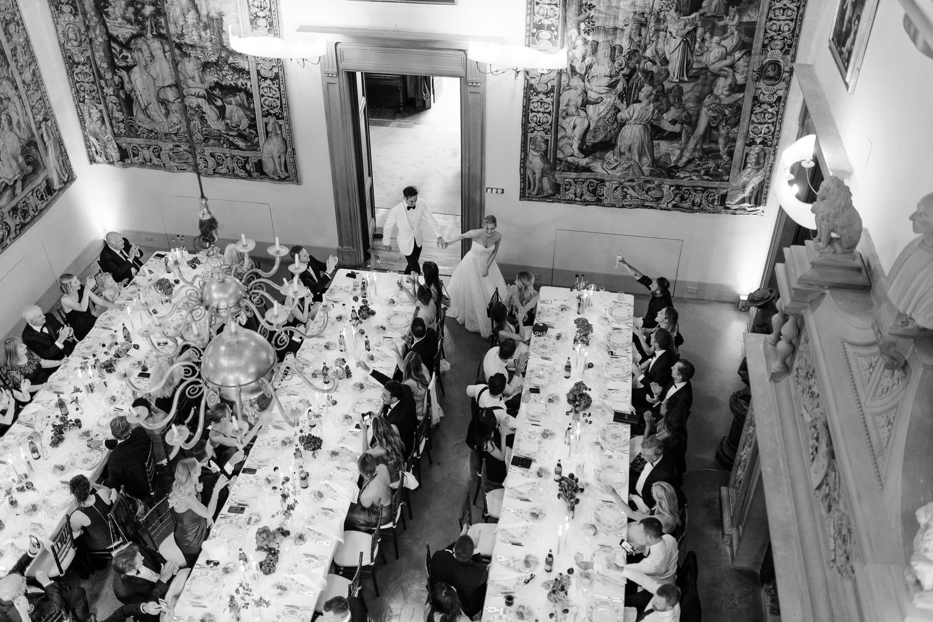 Wedding dinner at Villa di Maiano Florence captured in black and white editorial style
