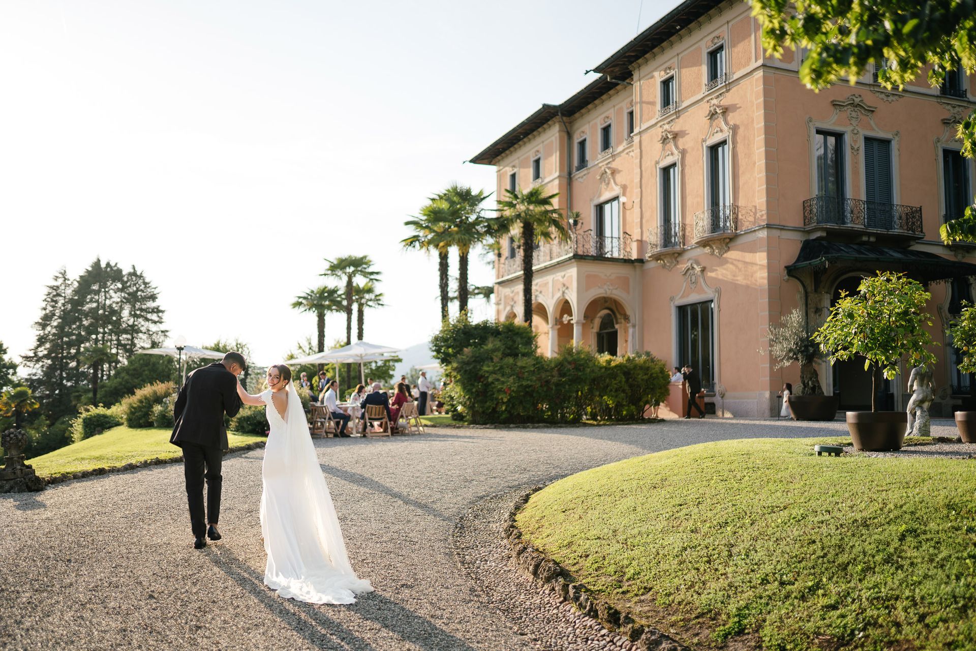 Bride and groom at Villa Montalbano Lake Como during luxury destination wedding in Italy