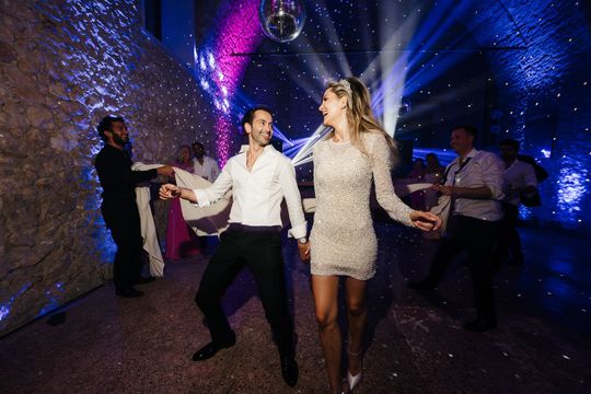 Bride and groom dancing at Villa Arvedi Verona during luxury wedding party in Italy