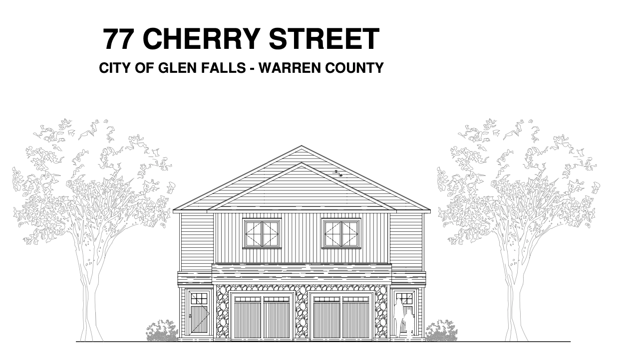 A black and white drawing of a house on 77 cherry street.