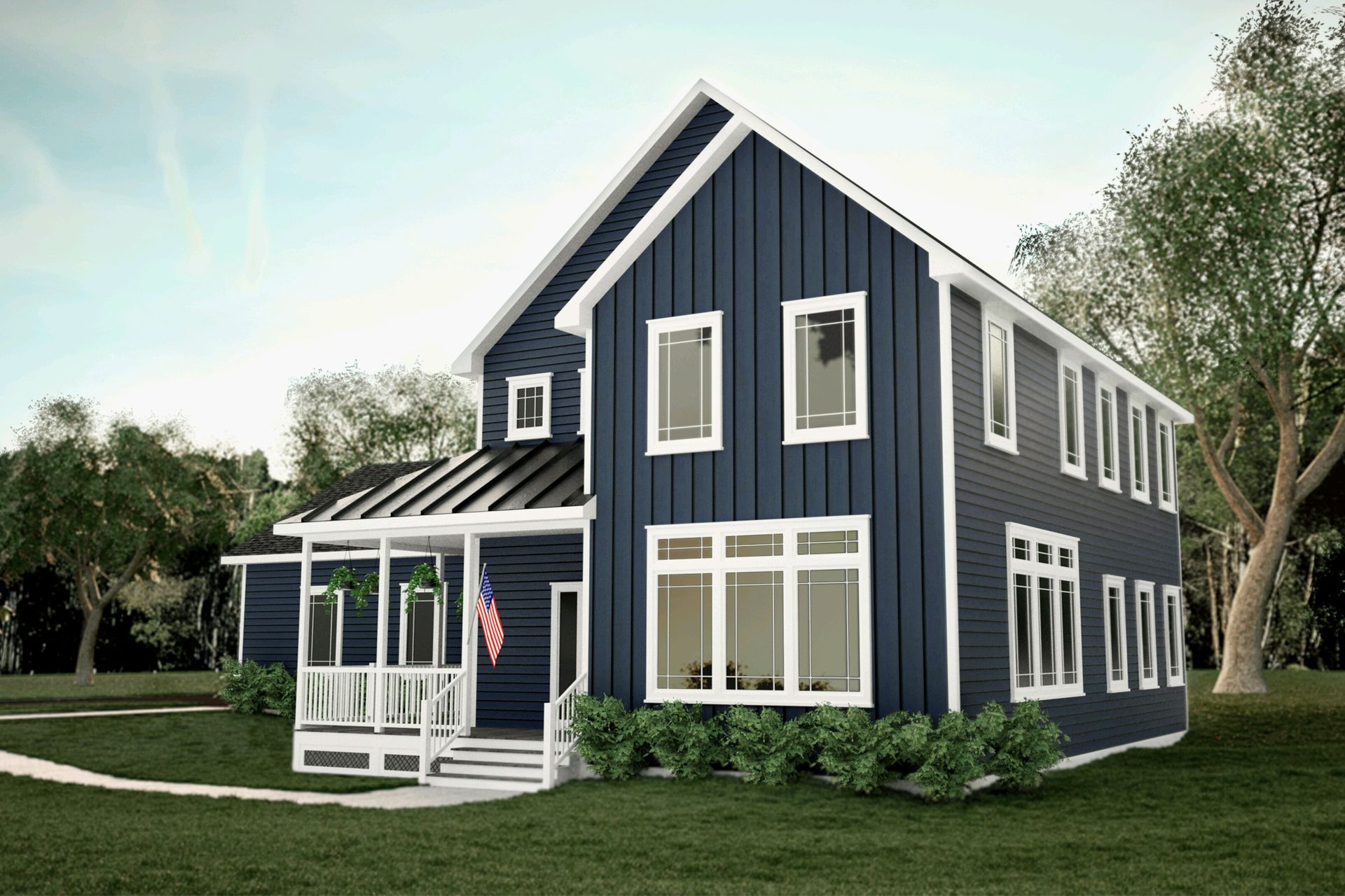 A blue and white house with a porch and trees in the background.
