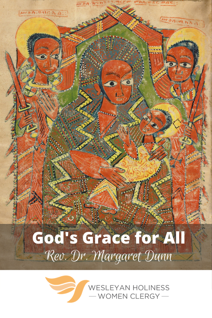 Graphic of Ethiopian painting with Mary, Jesus and archangels with blog title and author on top.