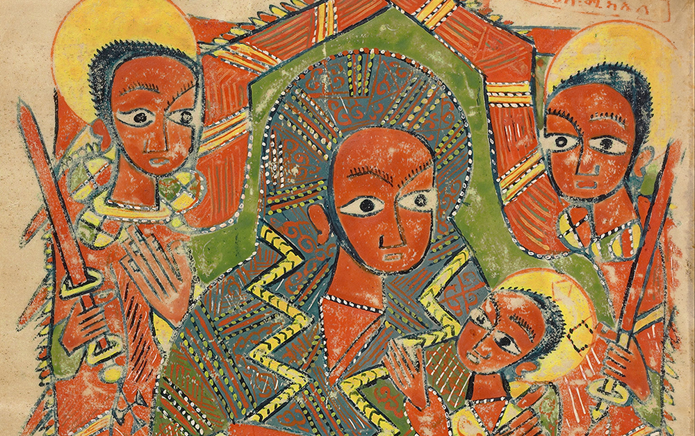 Ethiopian painting of Mary holding baby Jesus surrounded by two women soldiers