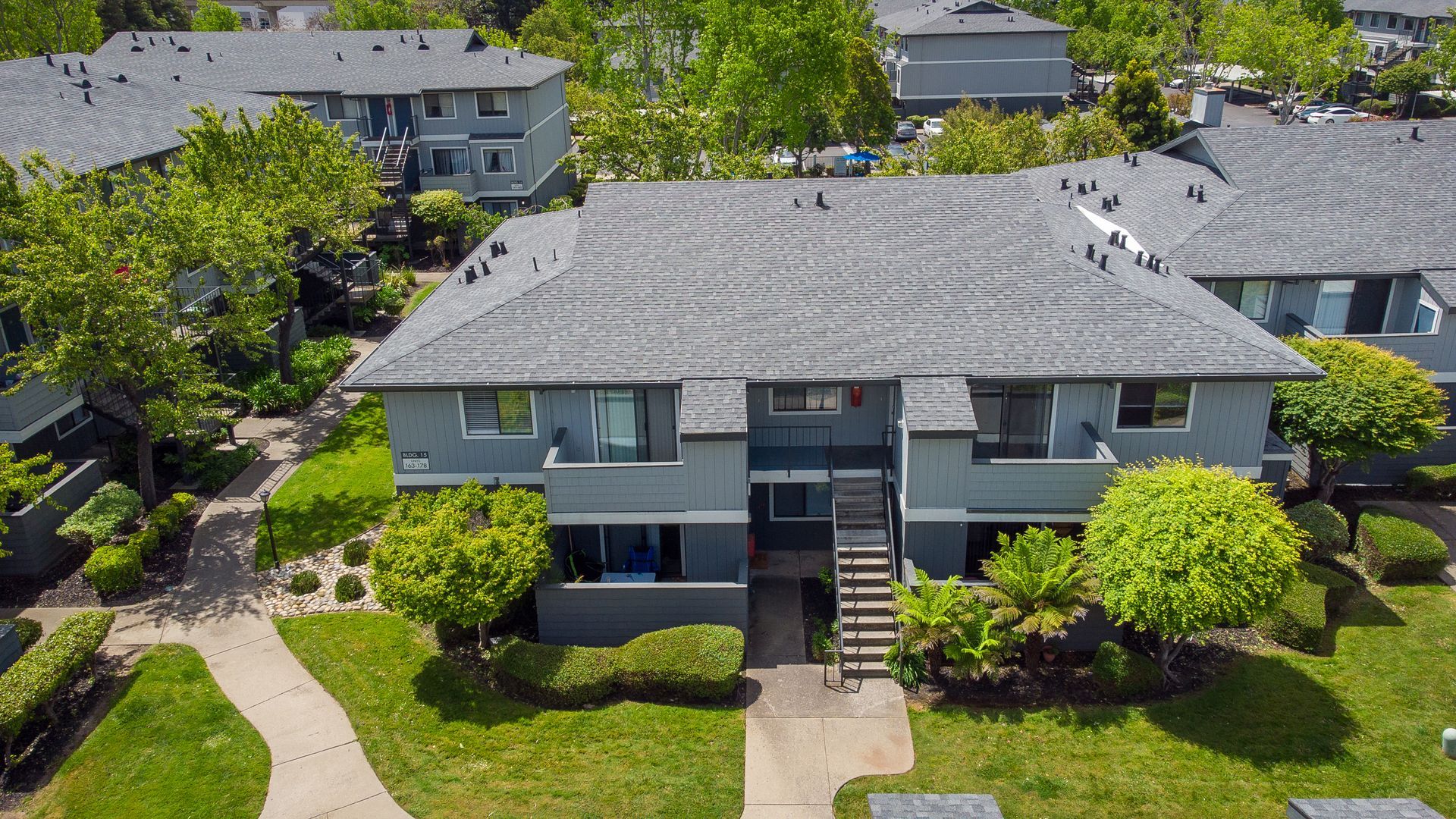 overhead drone aerial view of parkside commons building exterior