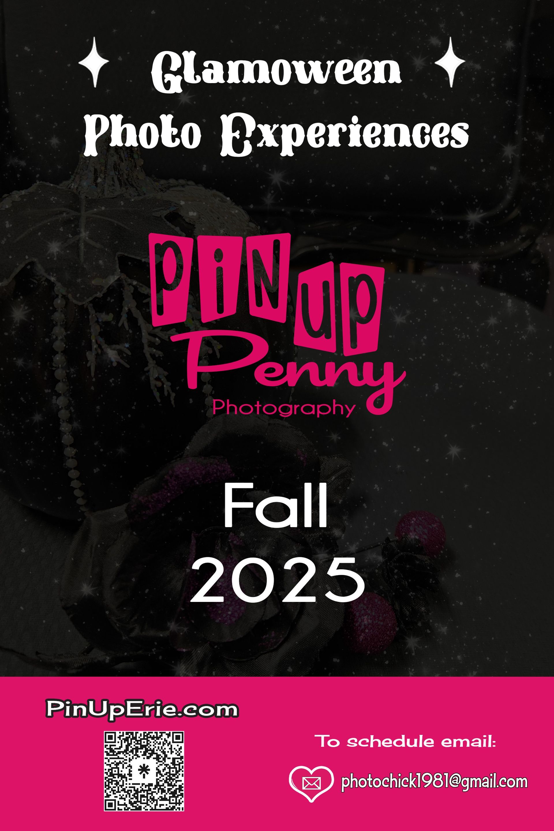 Glamoween photo experience ad. Black background with
