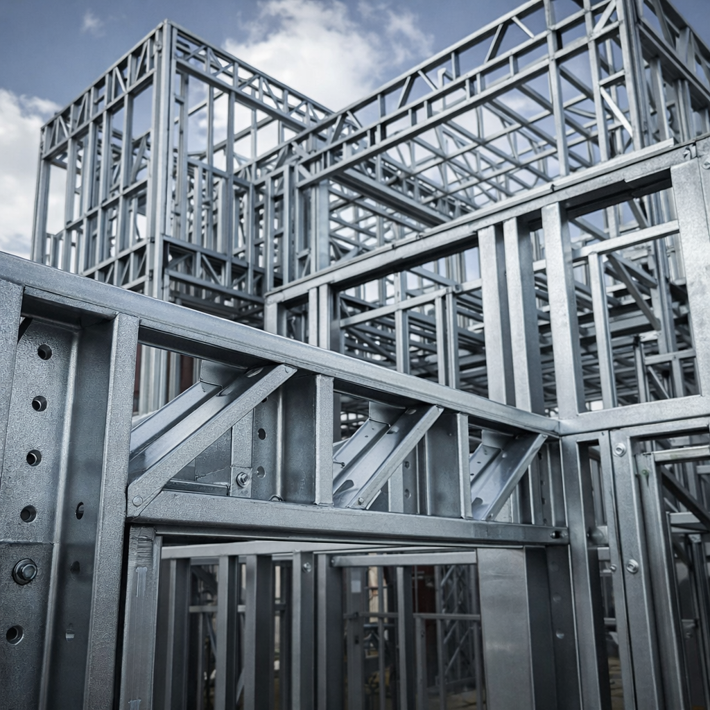 A metal frame structure of a building under construction against a cloudy sky.