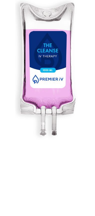 IV bag labeled "The Cleanse IV Therapy," filled with pink liquid, white tubing.
