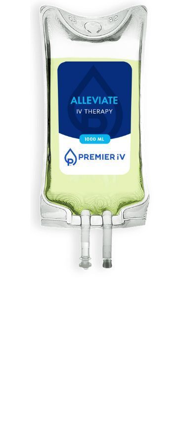 IV bag labeled "ALLEVIATE" with "PREMIER IV" logo. Contains greenish liquid.