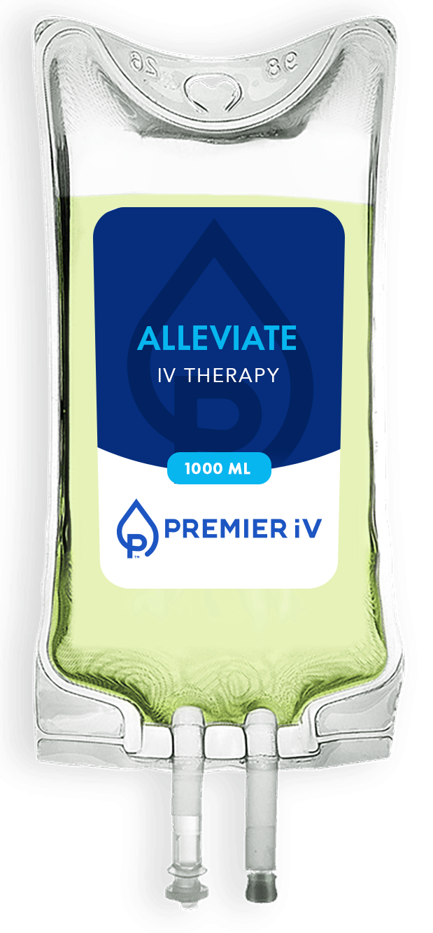 IV bag labeled "ALLEVIATE IV THERAPY" with "Premier IV" logo, containing green liquid.