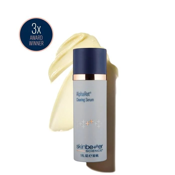 Skinbetter Science AlphaRet Clearing Serum bottle, 3x award winner, with cream swatch.