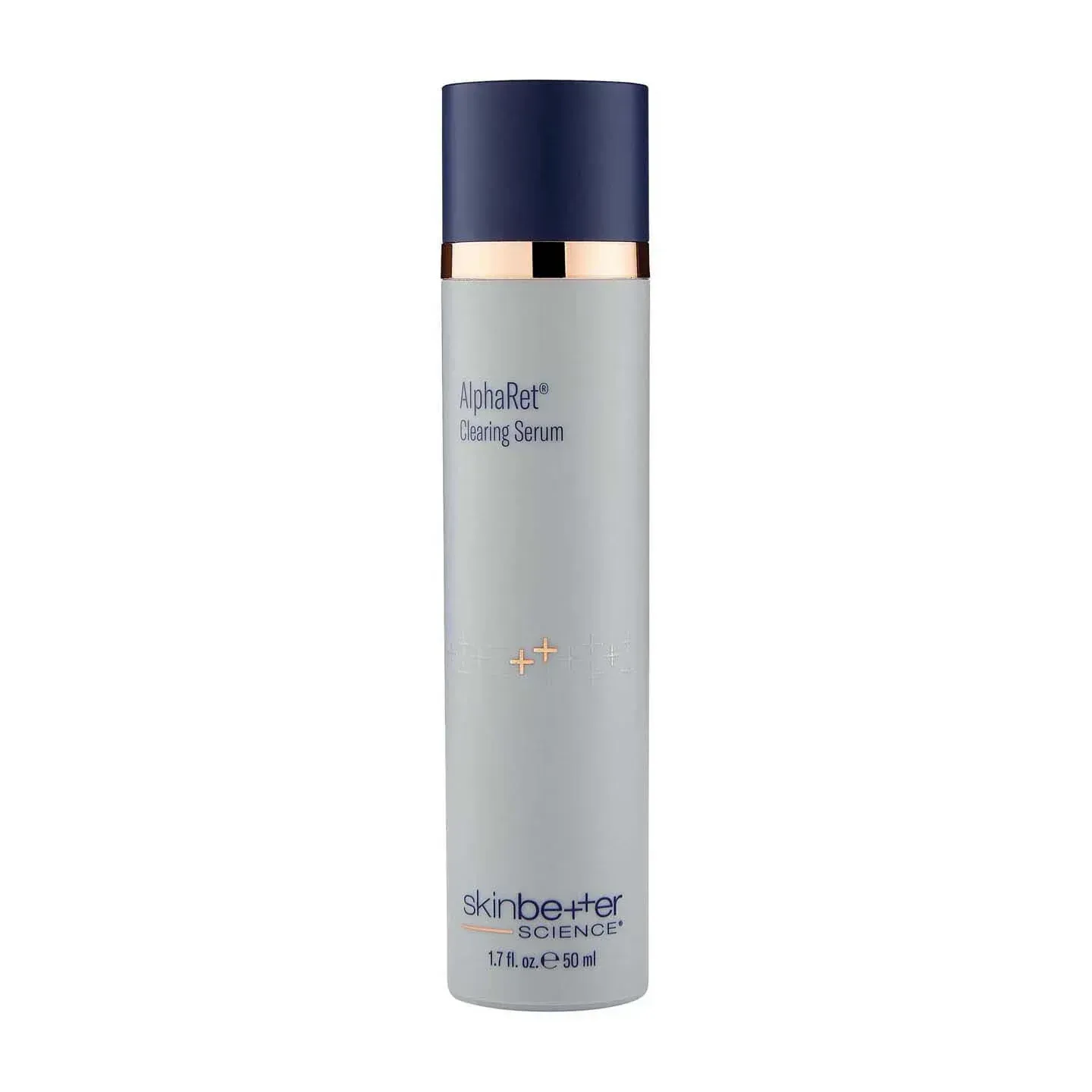 Skincare product bottle, gray with dark blue cap and copper accents. 