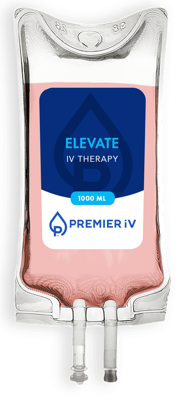 Intravenous therapy bag with pink fluid, blue label: 