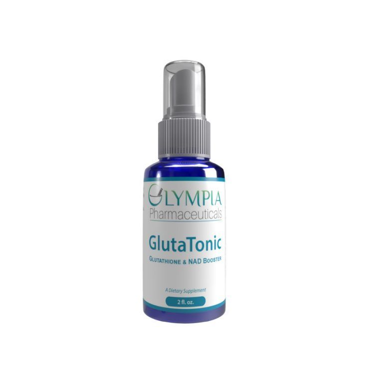 Blue bottle of GlutaTonic spray, a dietary supplement. Gray pump top, white label.