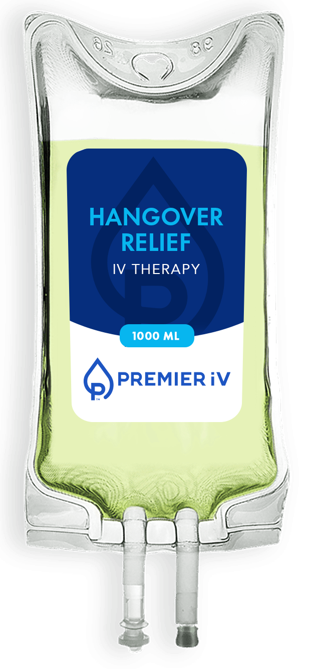 IV bag of hangover relief by Premier IV. Contains a greenish liquid.