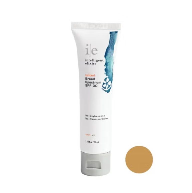 Tube of sunscreen with a swatch of product, labeled 