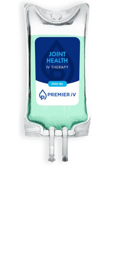 IV drip bag for joint health with blue label.