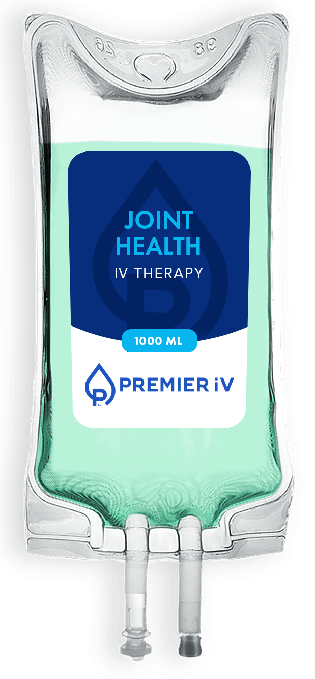 IV bag labeled "Joint Health IV Therapy" with blue and white design, green liquid.