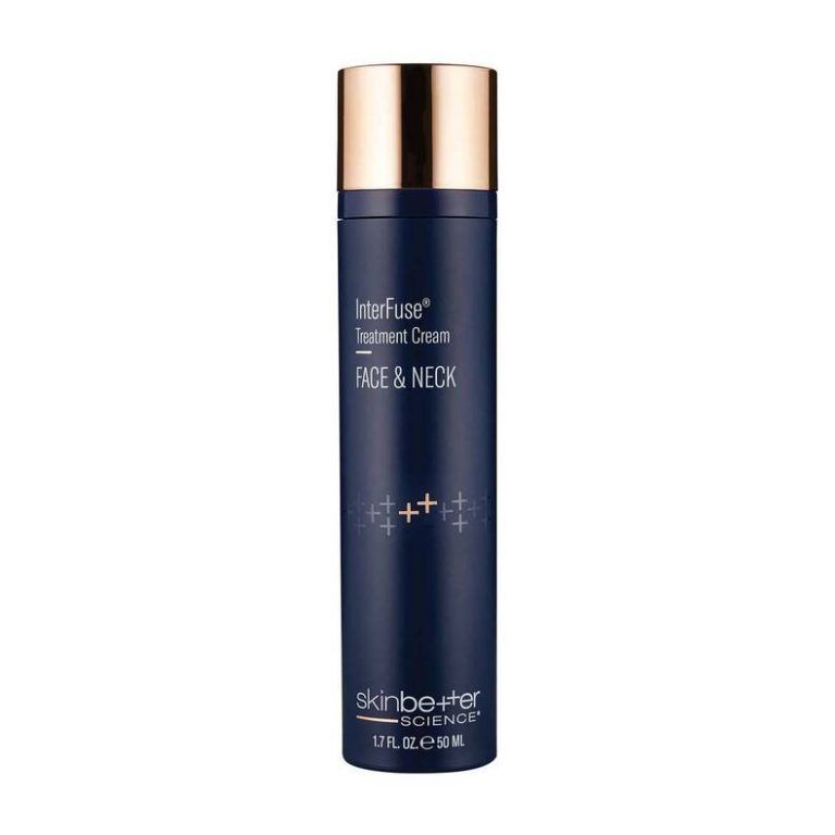 Dark blue skincare bottle with gold cap, 