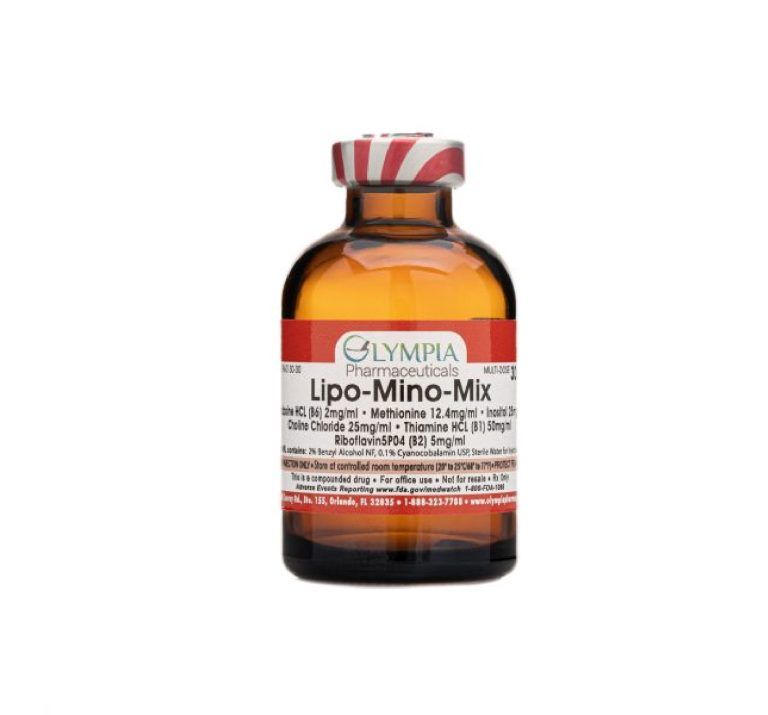 Brown vial of Lipo-Mino-Mix, a pharmaceutical product with a red and white striped cap and label.