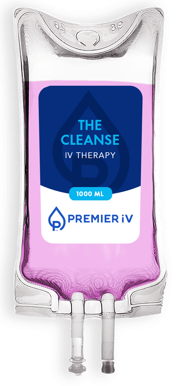 IV bag containing pink liquid labeled "The Cleanse IV Therapy."