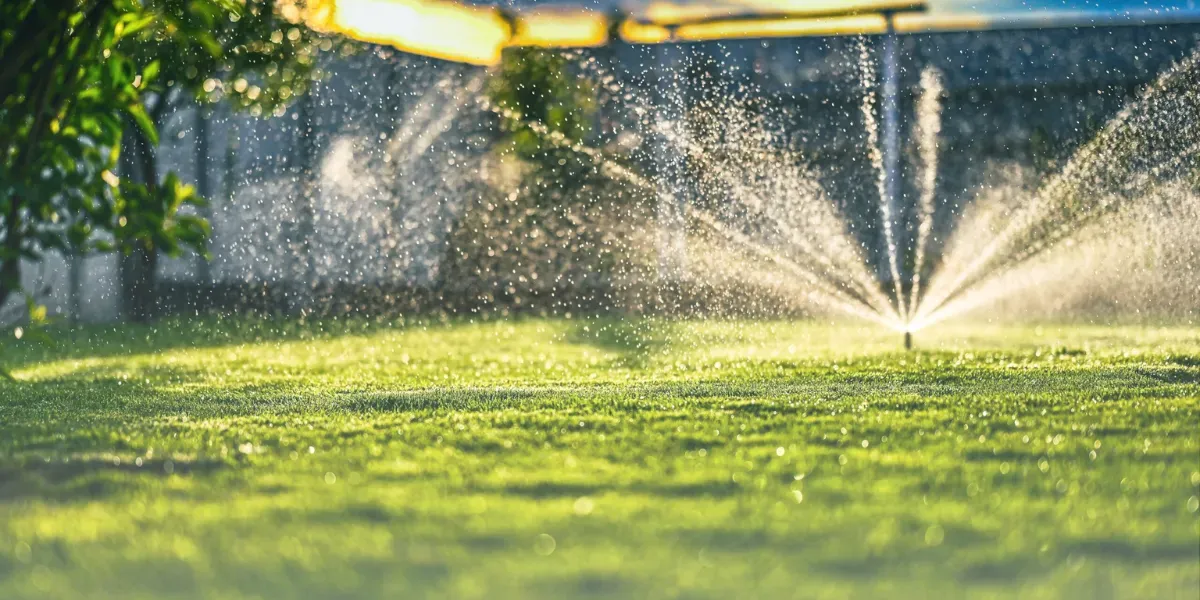 Sprinkler watering green lawn, droplets glistening in the sunlight.