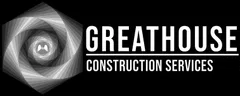 Logo of Greathouse Construction Services. A geometric spiral design in a hexagonal frame. Text: Greathouse, Construction Services.