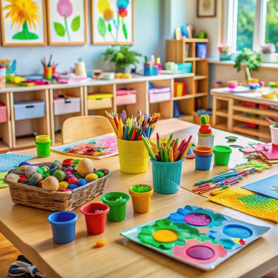 A table filled with lots of colorful toys in a classroom.