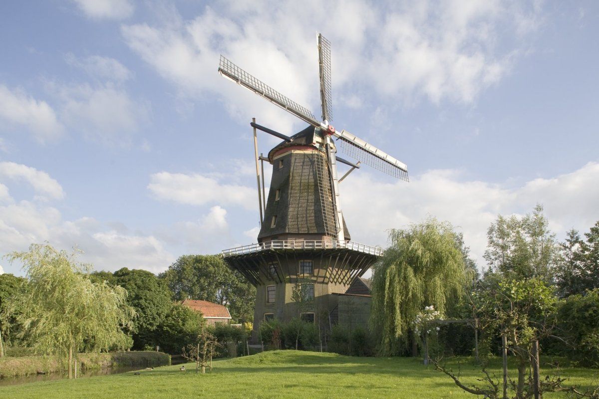 Een grote windmolen staat midden in een grasveld.