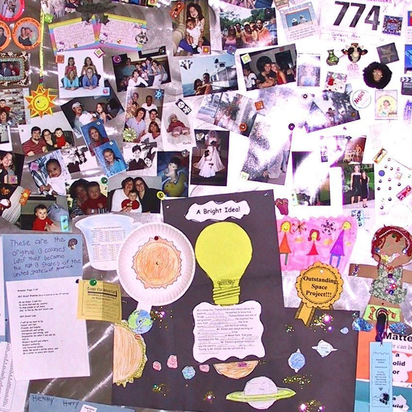 A bulletin board with a picture of a light bulb on it