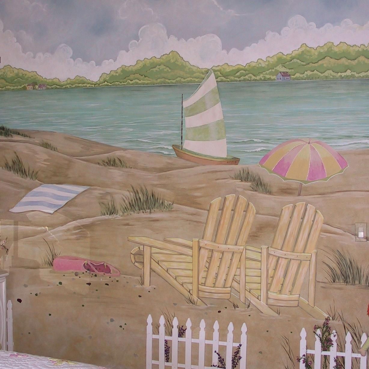 A painting of a beach scene with chairs umbrellas and a sailboat