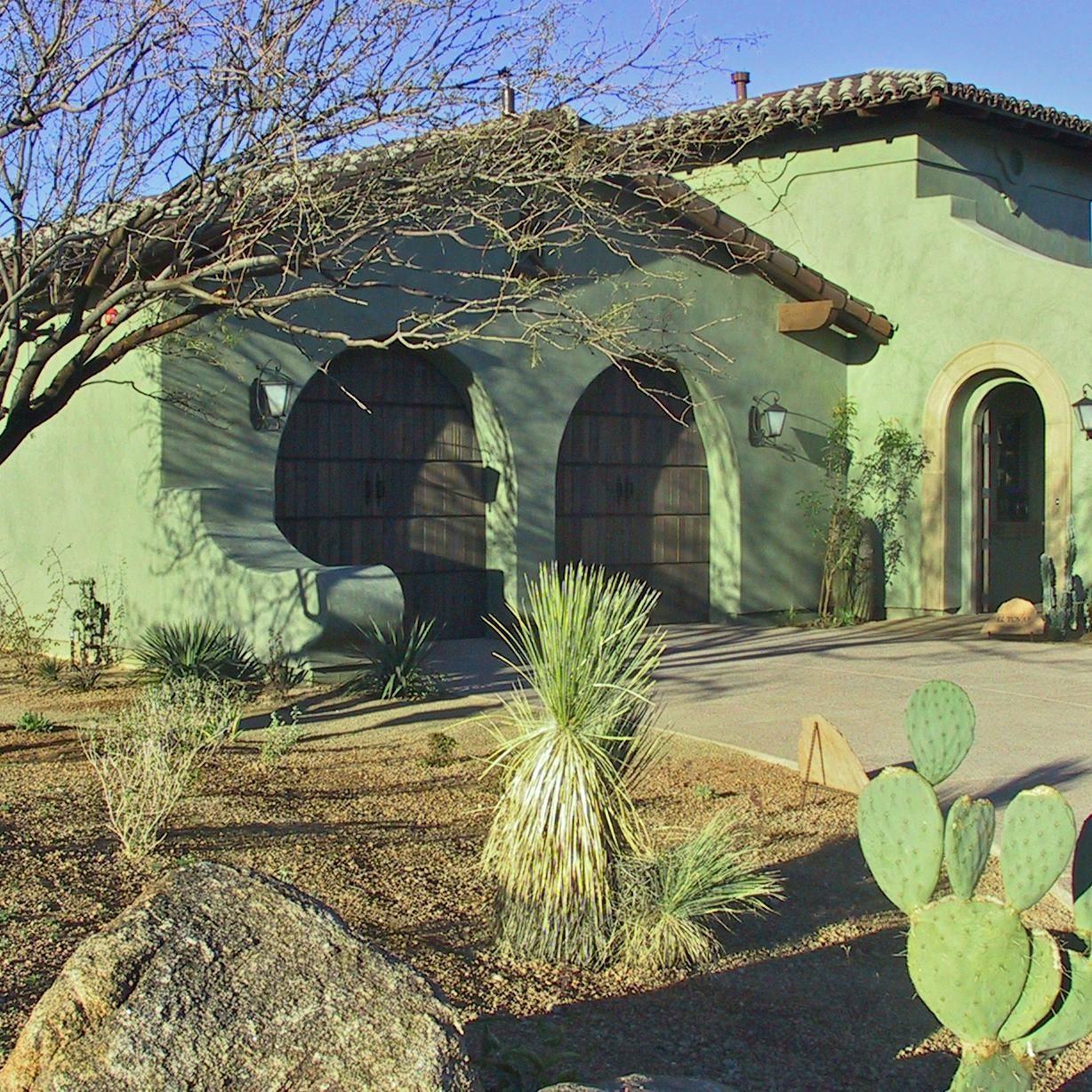 A green house with a cactus in front of it