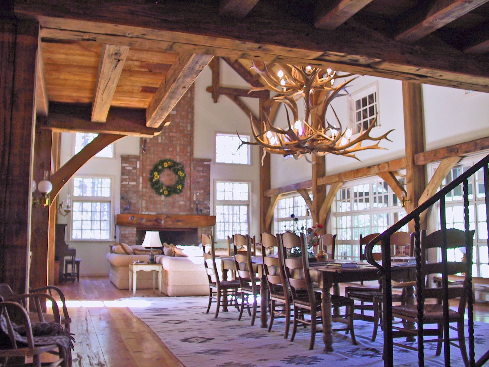 A large room with a dining table and chairs